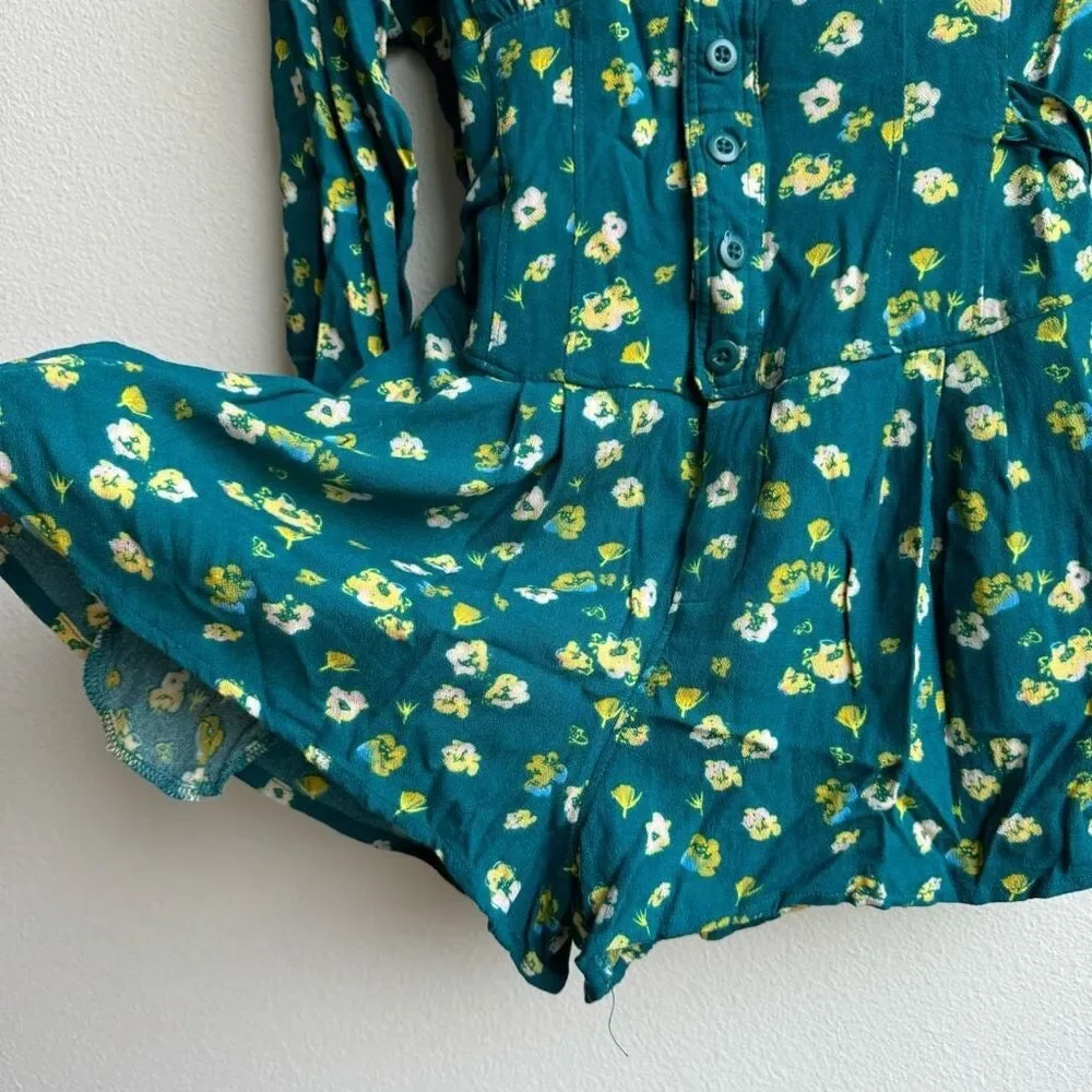 Free People L’amour Floral Printed Green Ruffle Romper Playsuit Size 0 Size XS